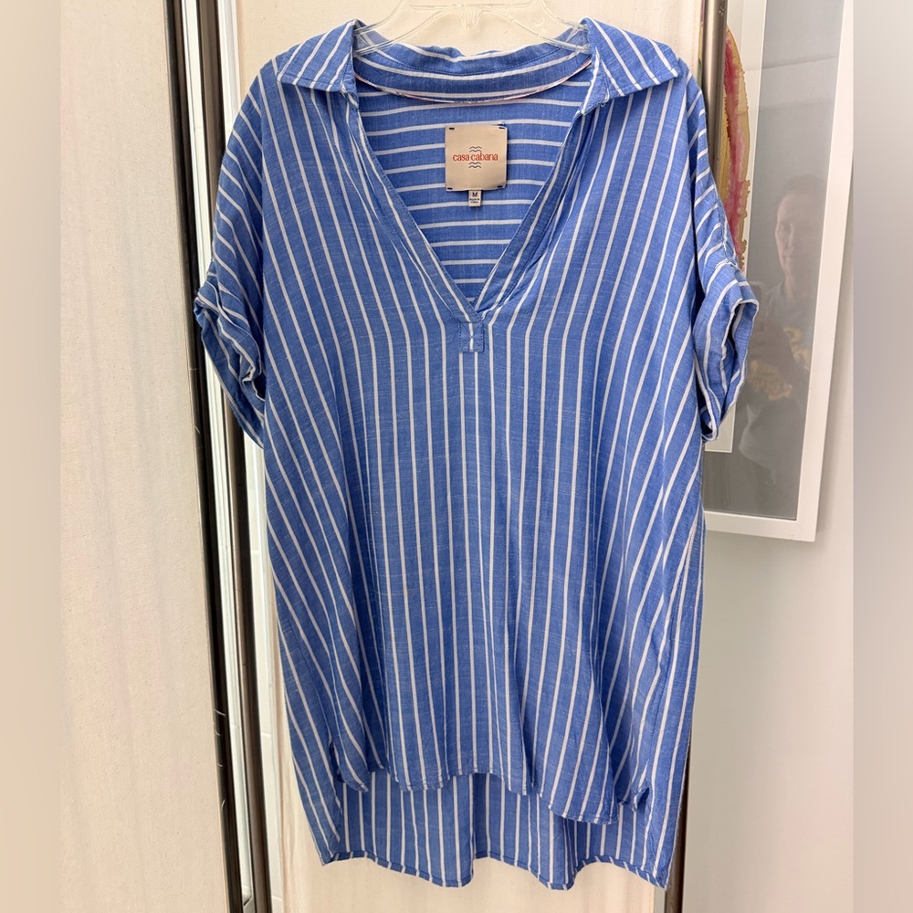 CASA CABANA Chelsea Stripe Short Sleeve Tunic Top, in French Blue, Medium